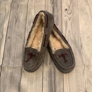 Ugg  Brett Gray Suede Moccasin Slippers with Burgundy Accents Size 8